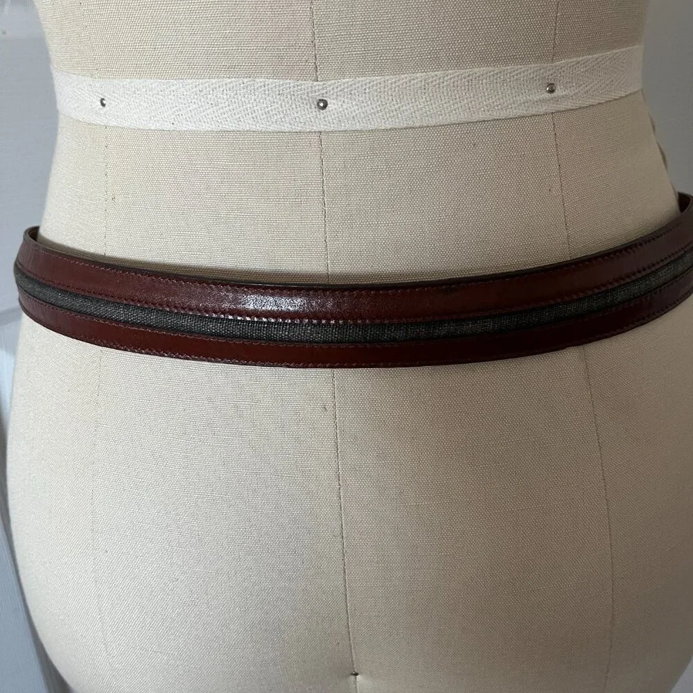 Cole Haan Men’s Brown Grey Leather Brass Buckle Belt Quiet Luxury Sz 36/90
